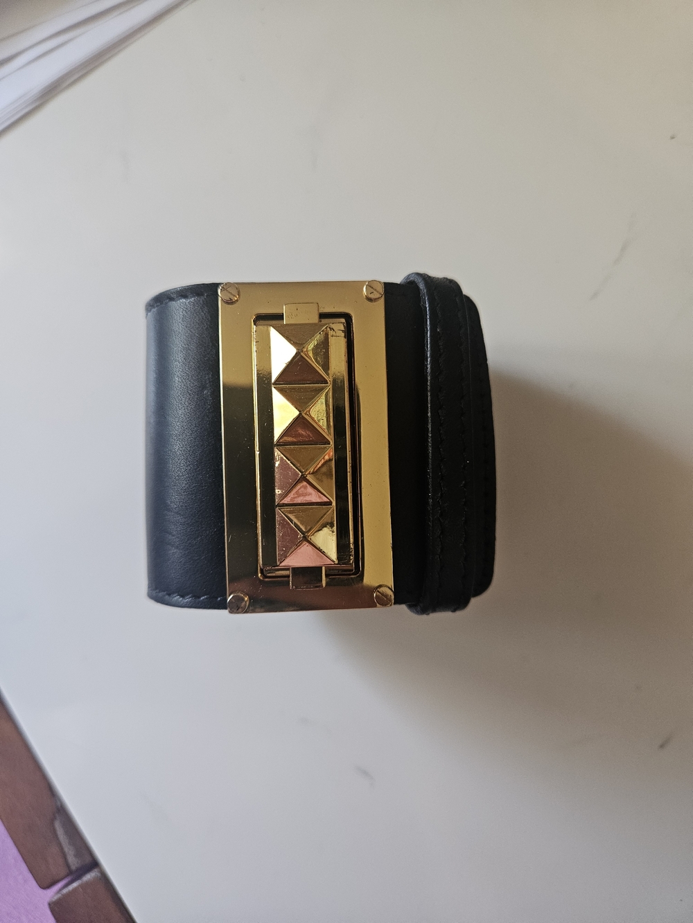 Tory Burch Black Leather Bracelet with Gold Logo Plate